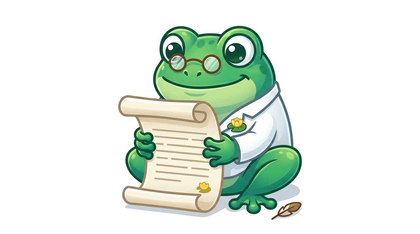 A FRCAfrog mascot reading a long scroll with reading glasses