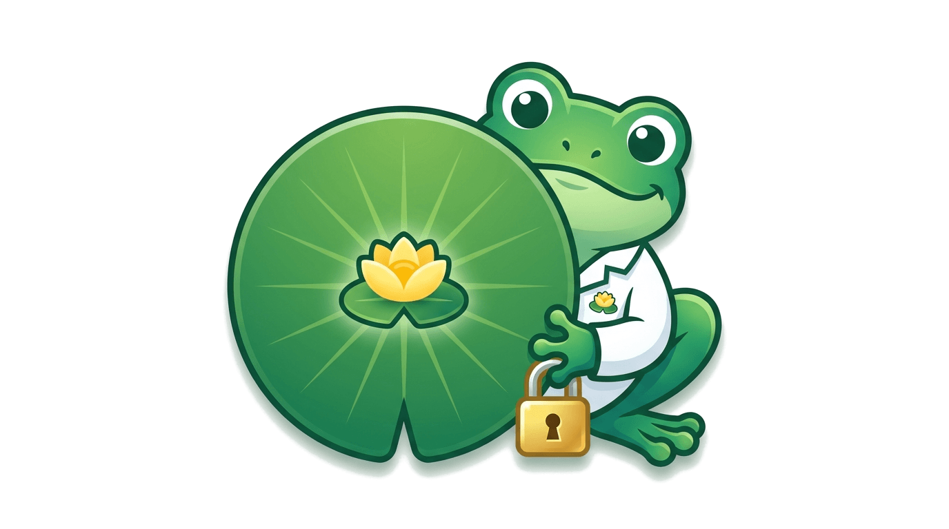 A FRCAfrog mascot peeking from behind a lily-pad shield, holding a small padlock
