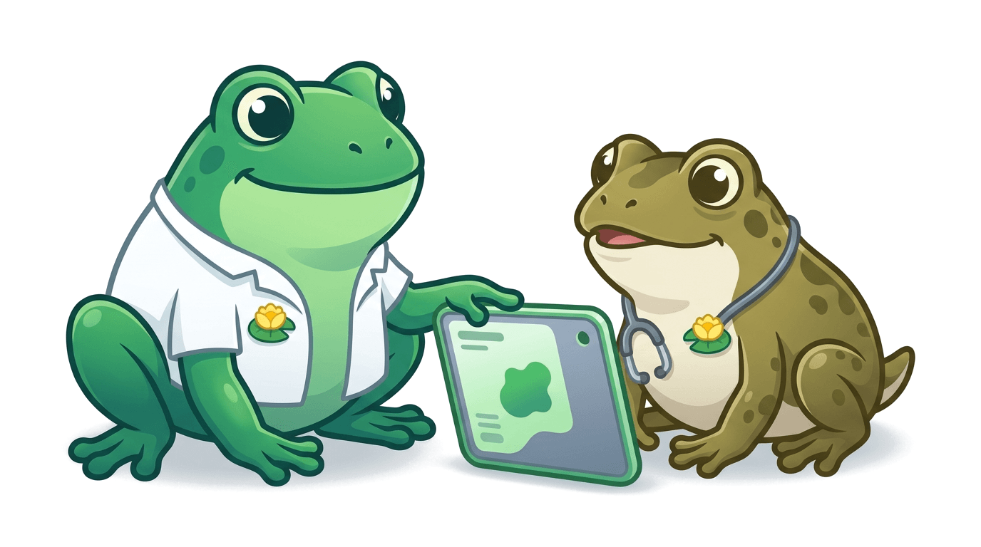 Two FRCAfrog mascots practising a viva voce around a tablet